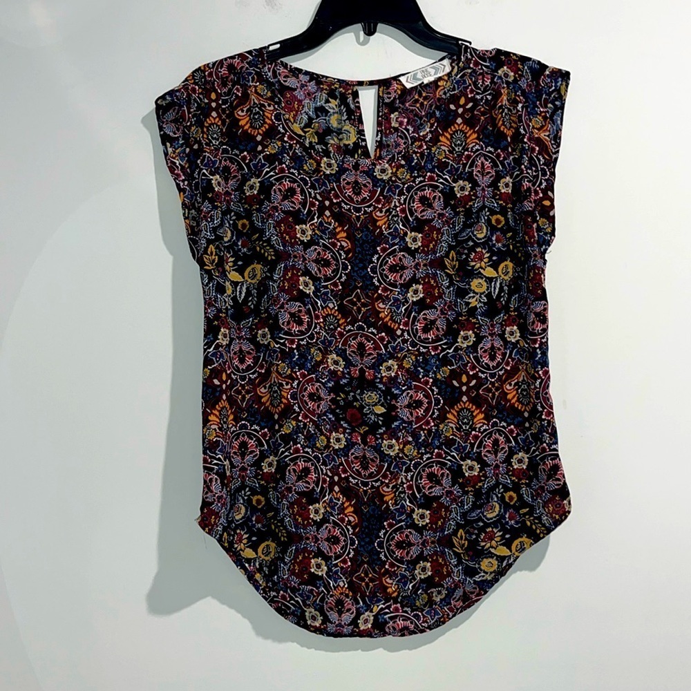 Pink Rose purple yellow white blue paisley floral semi sheer top. Size s…